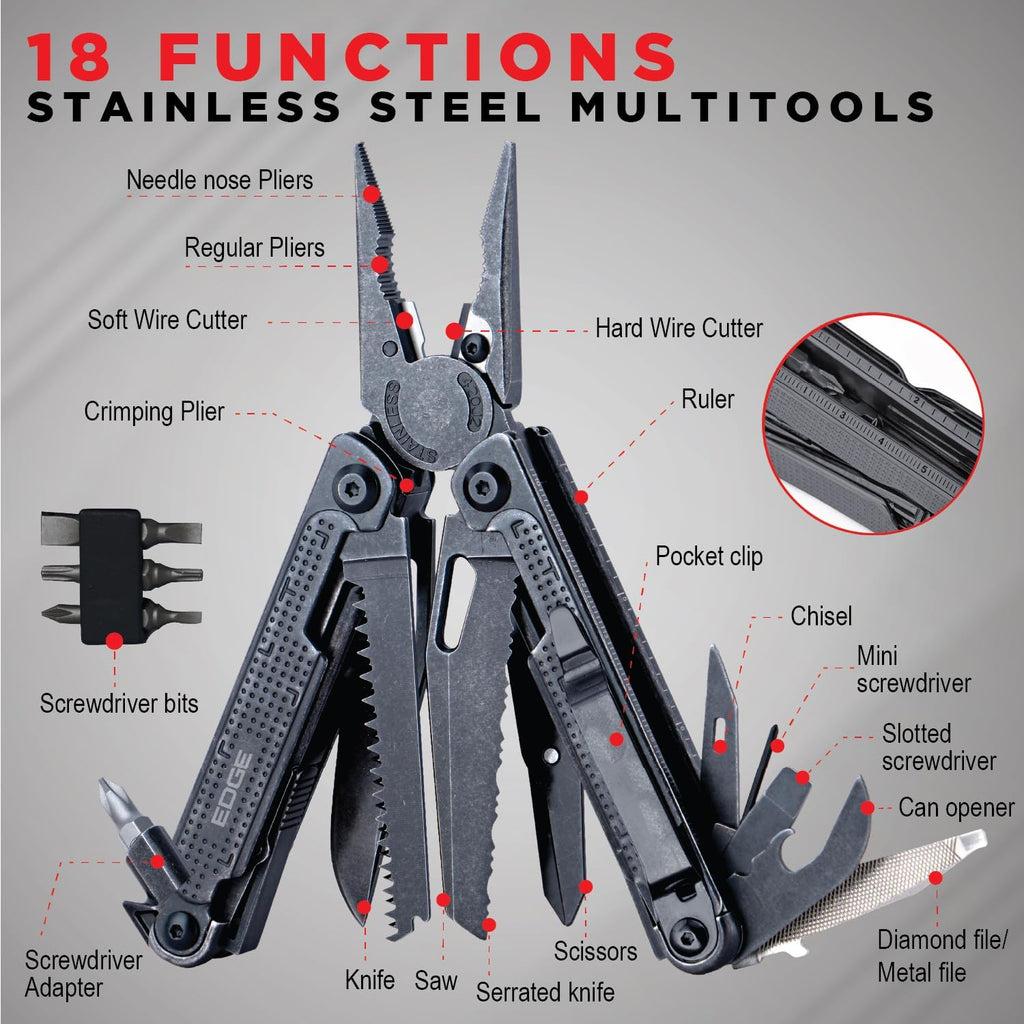 EDGE Multi-Tool Pliers 14-in-1 Stainless Steel Knife Saw Scissors Wire Cutter