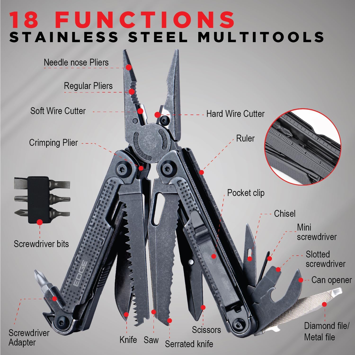 EDGE Multi-Tool Pliers 14-in-1 Stainless Steel Knife Saw Scissors Wire Cutter