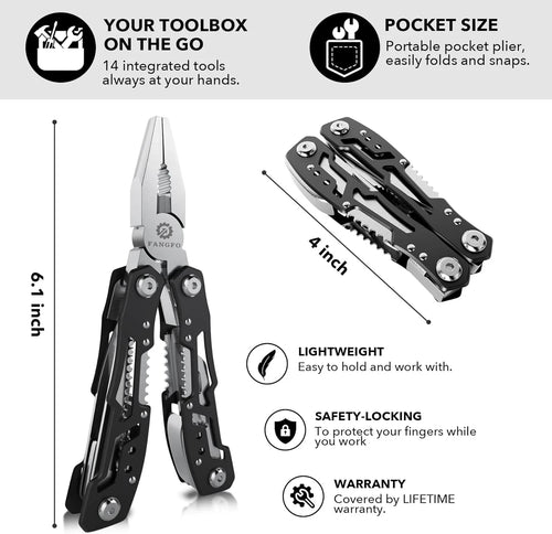 14-In-1 Multitool with Safety Locking, 3.9 x 1.6 x 0.6 inches, Black